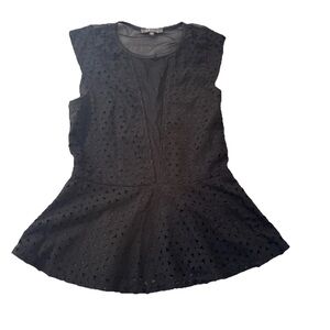 Gracia Women’s Black Eyelet peplum Sleeveless Sheer Back Blouse Size M Side Zip